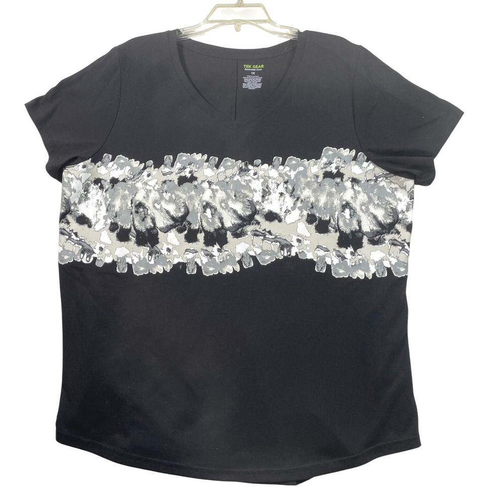 Tek Gear Essential Gear Womens 1X Black V-Neck Short‎ Sleeve Graphic Active Top